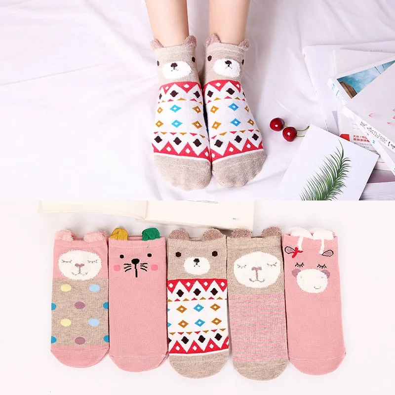 5Pairs New Arrivl Women Cotton Socks Pink Cute Cat Ankle Socks Short Women Socks Casual Animal Ear Red Heart Gril Socks 35-40