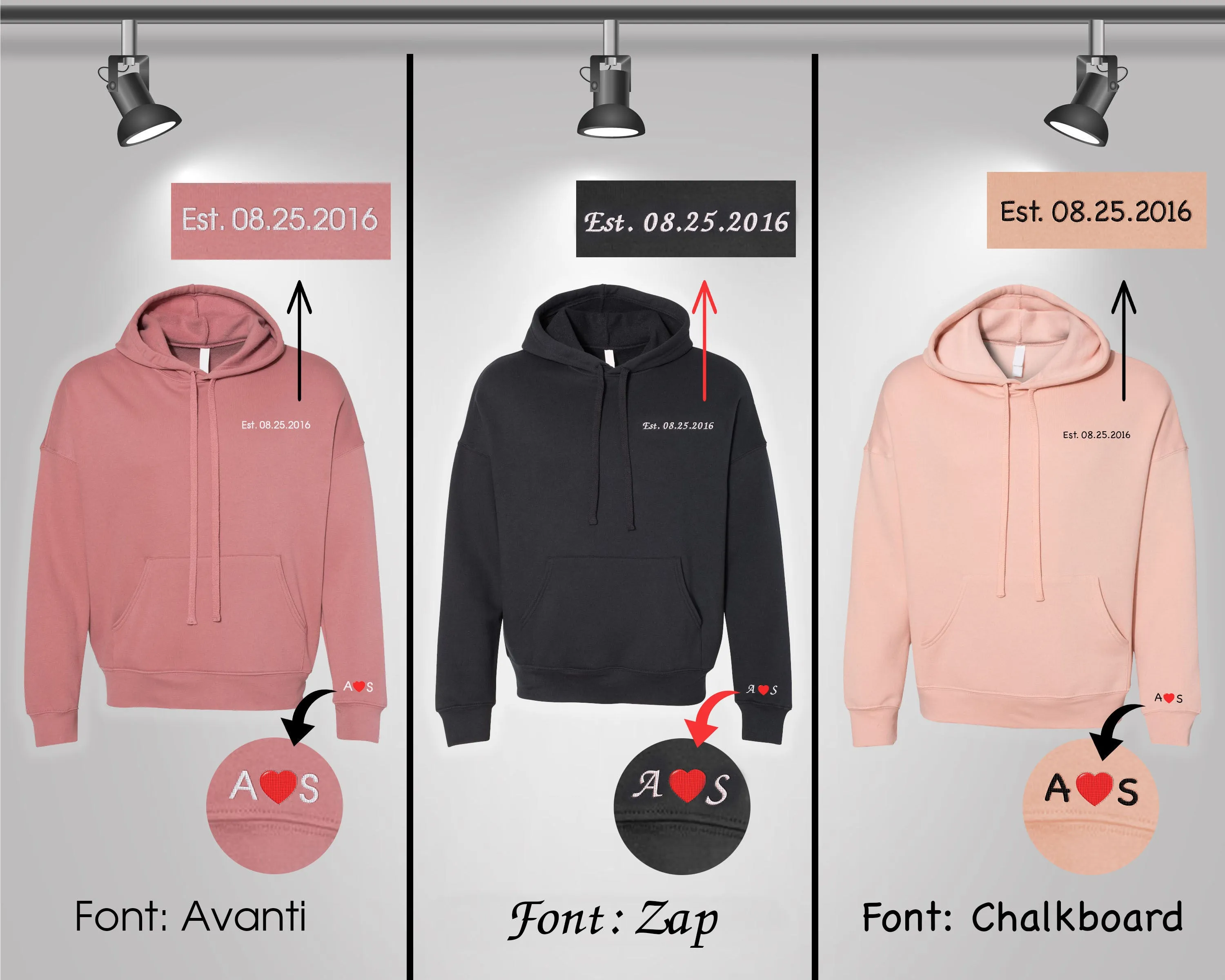 Custom Embroidered Matching Couple Hoodies with Your Initials & Anniversary Date