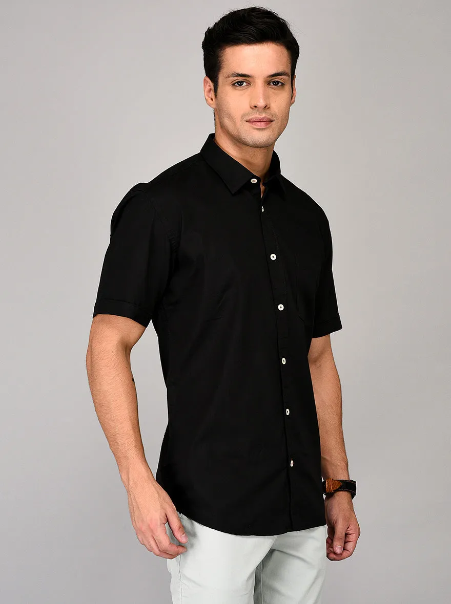 Greenfibre Black Self Textured Regular Fit Casual Shirt