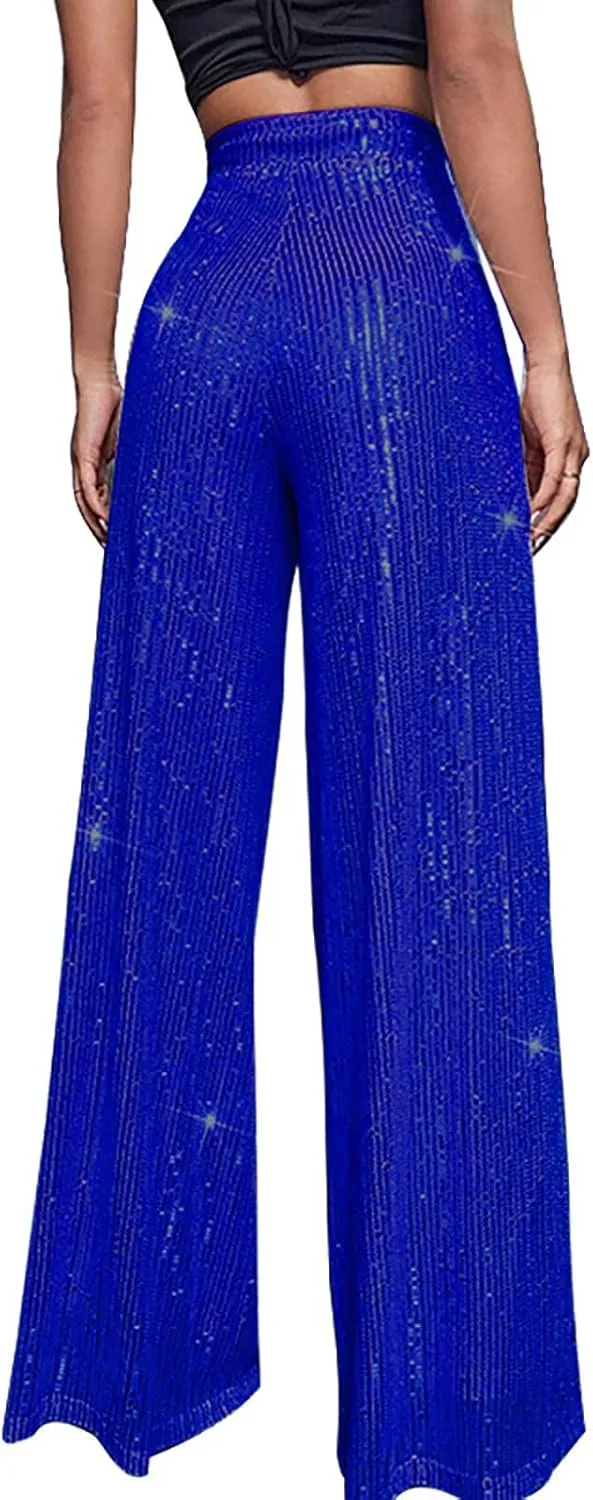 Sequin Pants for Women Ladies Silk High Waist Drape Zip Wide Leg Flared Pants Outfit Clubwear Red Sequin