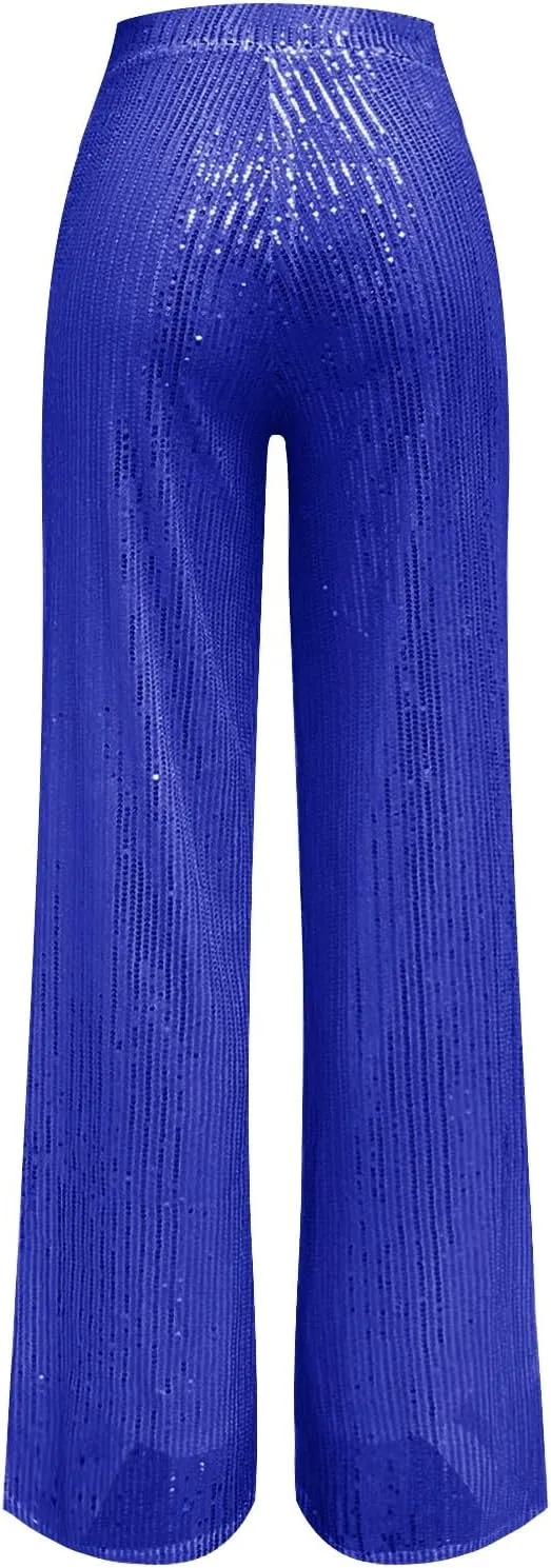 Sequin Pants for Women Ladies Silk High Waist Drape Zip Wide Leg Flared Pants Outfit Clubwear Red Sequin