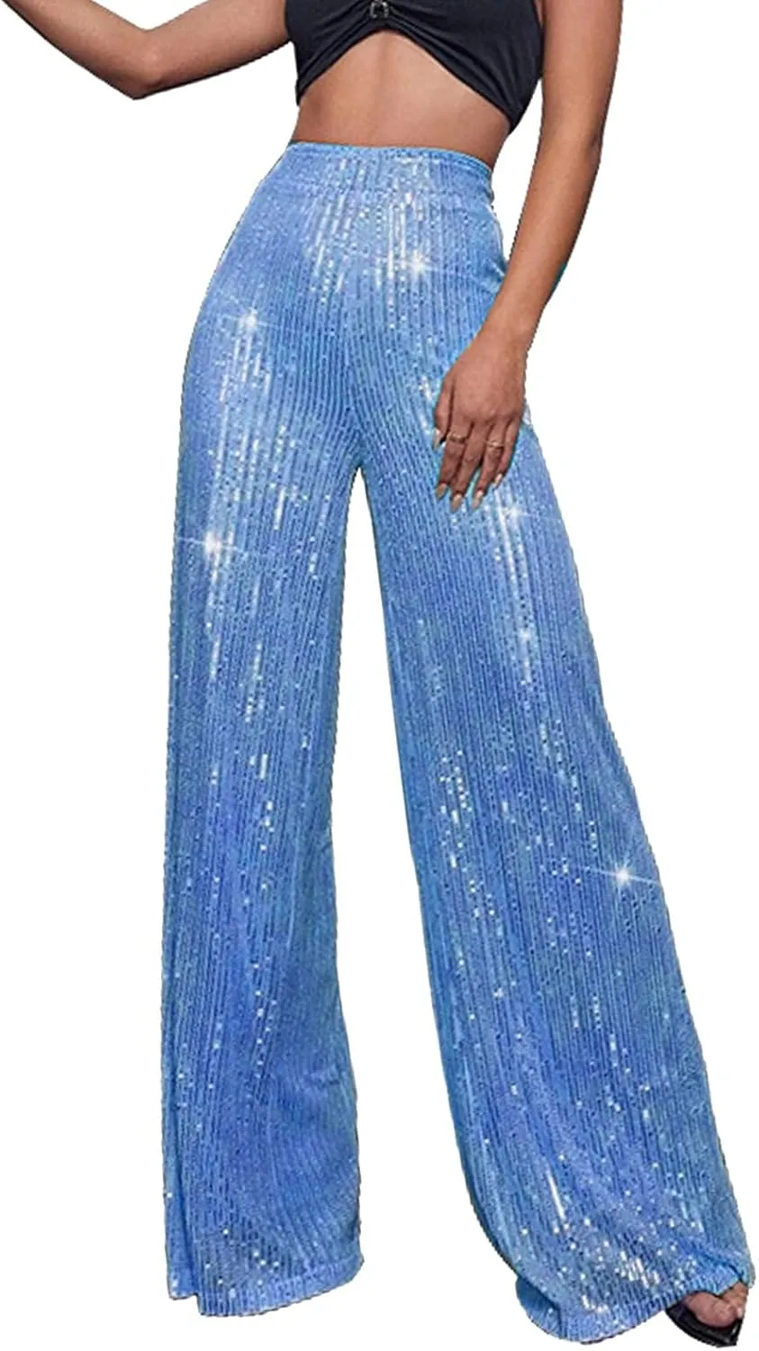 Sequin Pants for Women Ladies Silk High Waist Drape Zip Wide Leg Flared Pants Outfit Clubwear Red Sequin