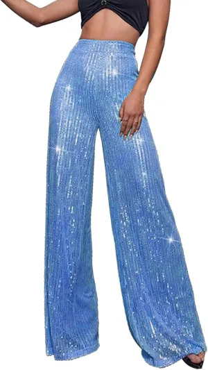 Sequin Pants for Women Ladies Silk High Waist Drape Zip Wide Leg Flared Pants Outfit Clubwear Red Sequin