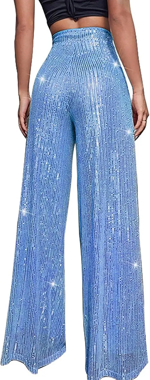 Sequin Pants for Women Ladies Silk High Waist Drape Zip Wide Leg Flared Pants Outfit Clubwear Red Sequin