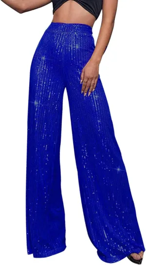 Sequin Pants for Women Ladies Silk High Waist Drape Zip Wide Leg Flared Pants Outfit Clubwear Red Sequin