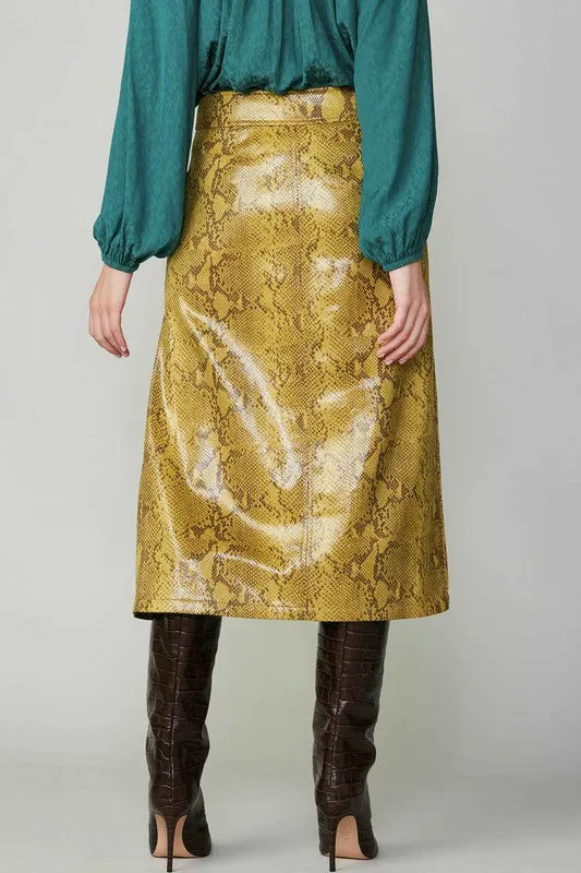 Yellow Faux Leather Skirt with Snake Skin Print, Enhanced