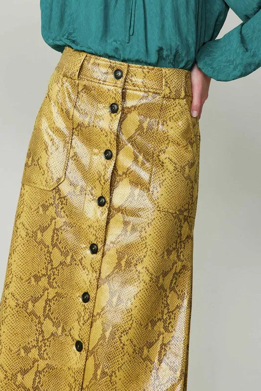 Yellow Faux Leather Skirt with Snake Skin Print, Enhanced