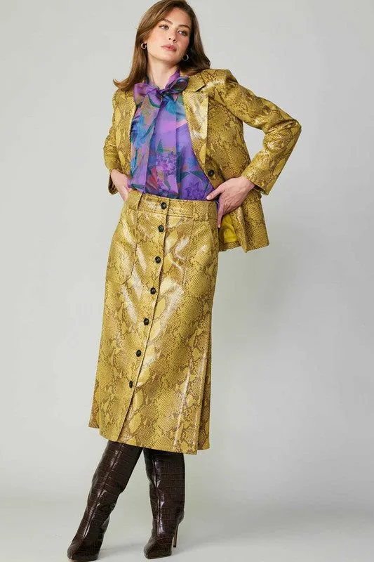 Yellow Faux Leather Skirt with Snake Skin Print, Enhanced