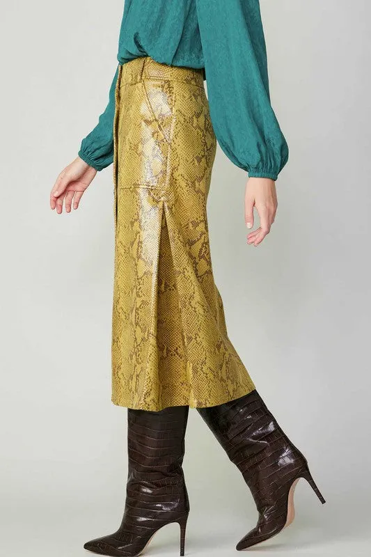 Yellow Faux Leather Skirt with Snake Skin Print, Enhanced