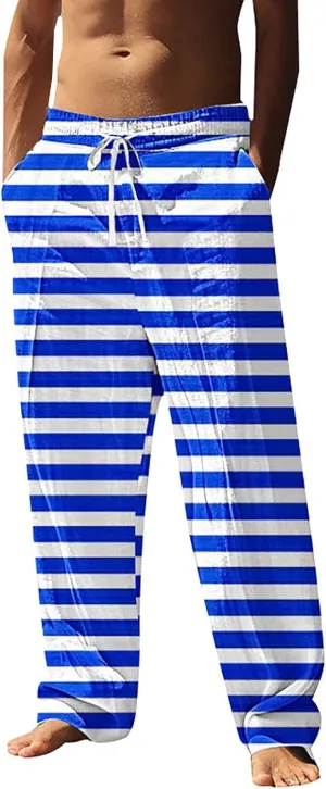 Striped Pants Men Vacation Beach Casual Pant Lightweight Straight Leg Slacks Summer Outdoor Drawstring Waist Trousers