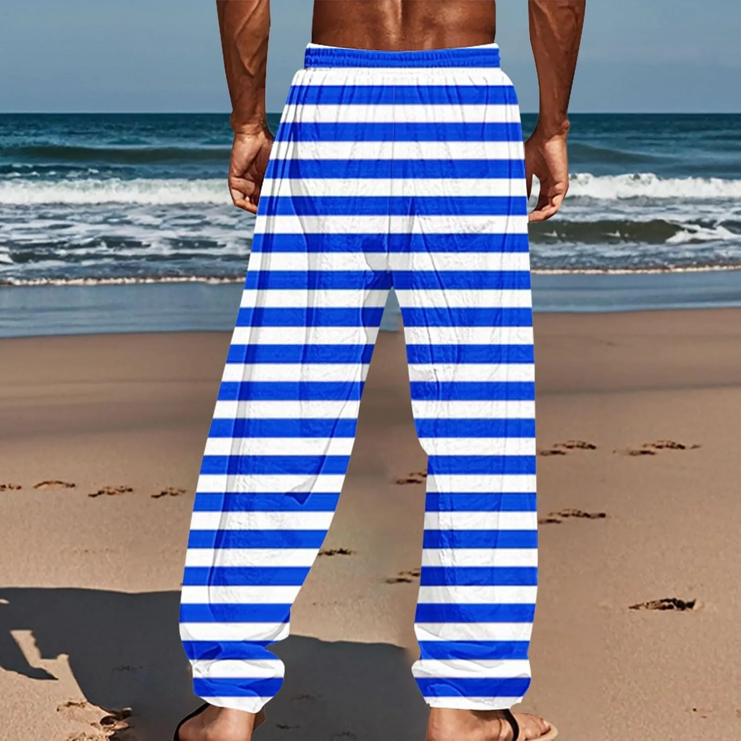 Striped Pants Men Vacation Beach Casual Pant Lightweight Straight Leg Slacks Summer Outdoor Drawstring Waist Trousers