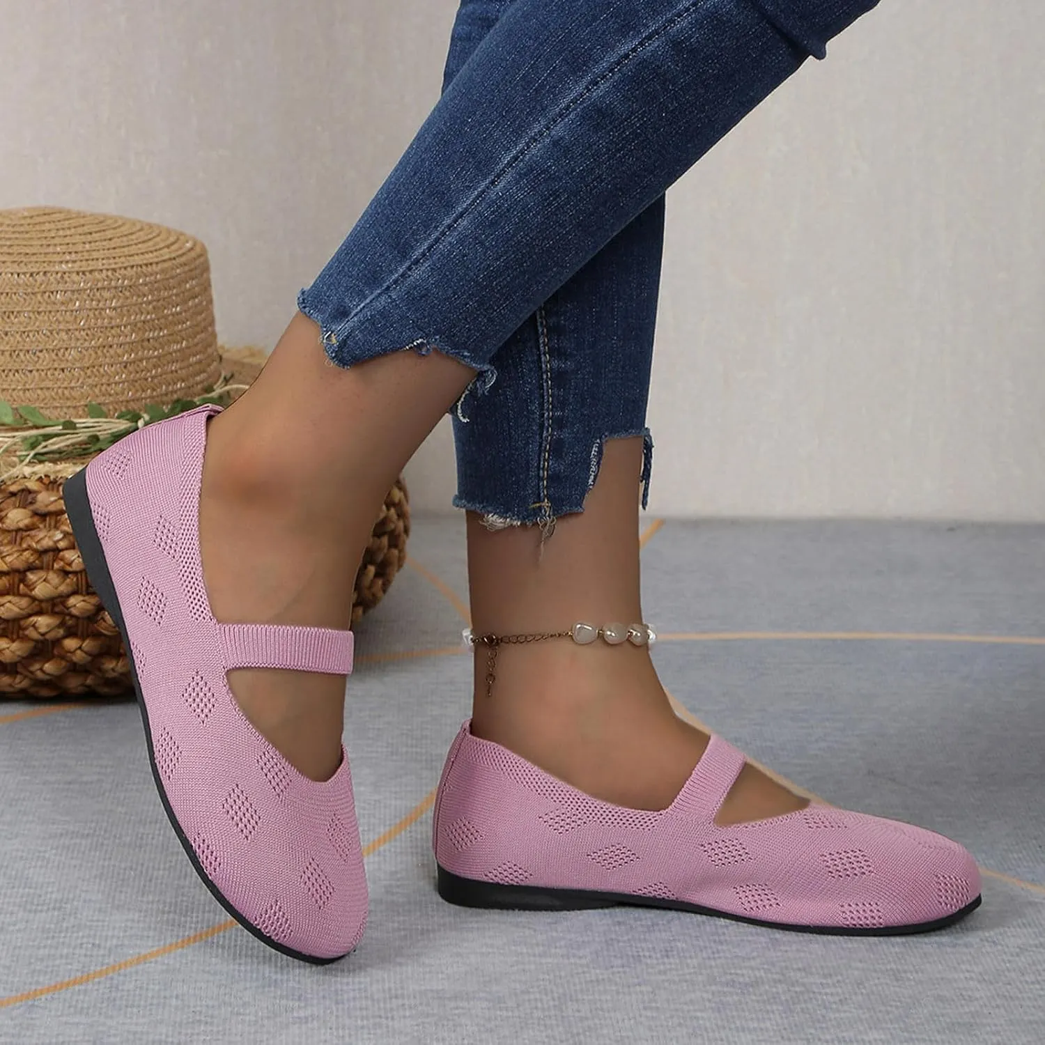 Women Black Ballet Shoes Mesh Slip on Flat Casual Shoes Dance Comdortable Breathable Lightweight Flat Shoes