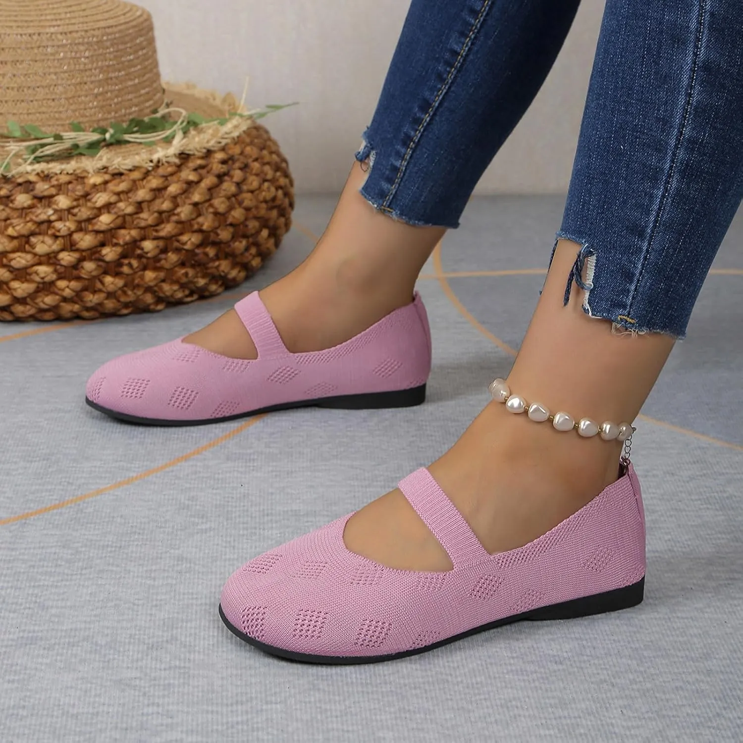 Women Black Ballet Shoes Mesh Slip on Flat Casual Shoes Dance Comdortable Breathable Lightweight Flat Shoes