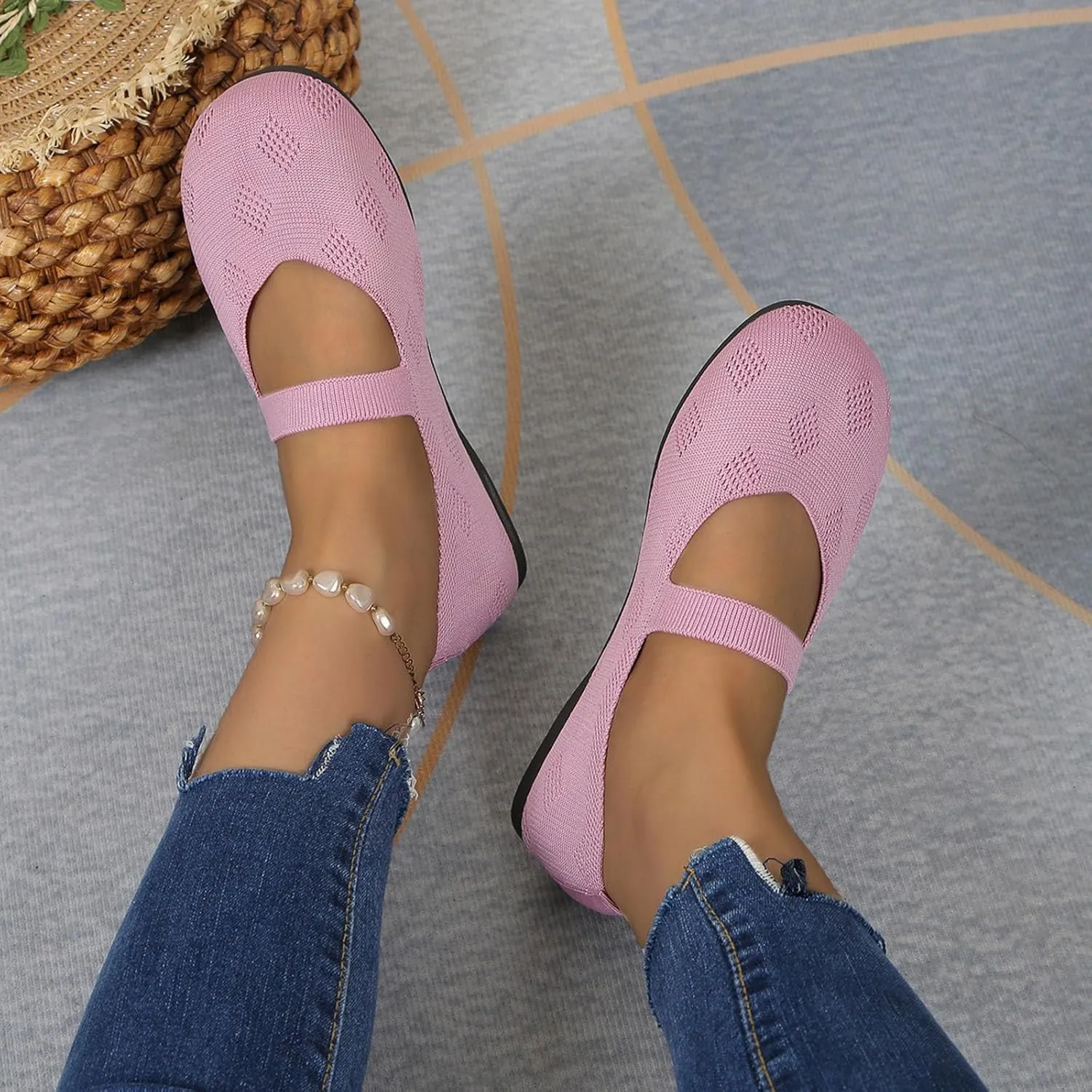Women Black Ballet Shoes Mesh Slip on Flat Casual Shoes Dance Comdortable Breathable Lightweight Flat Shoes