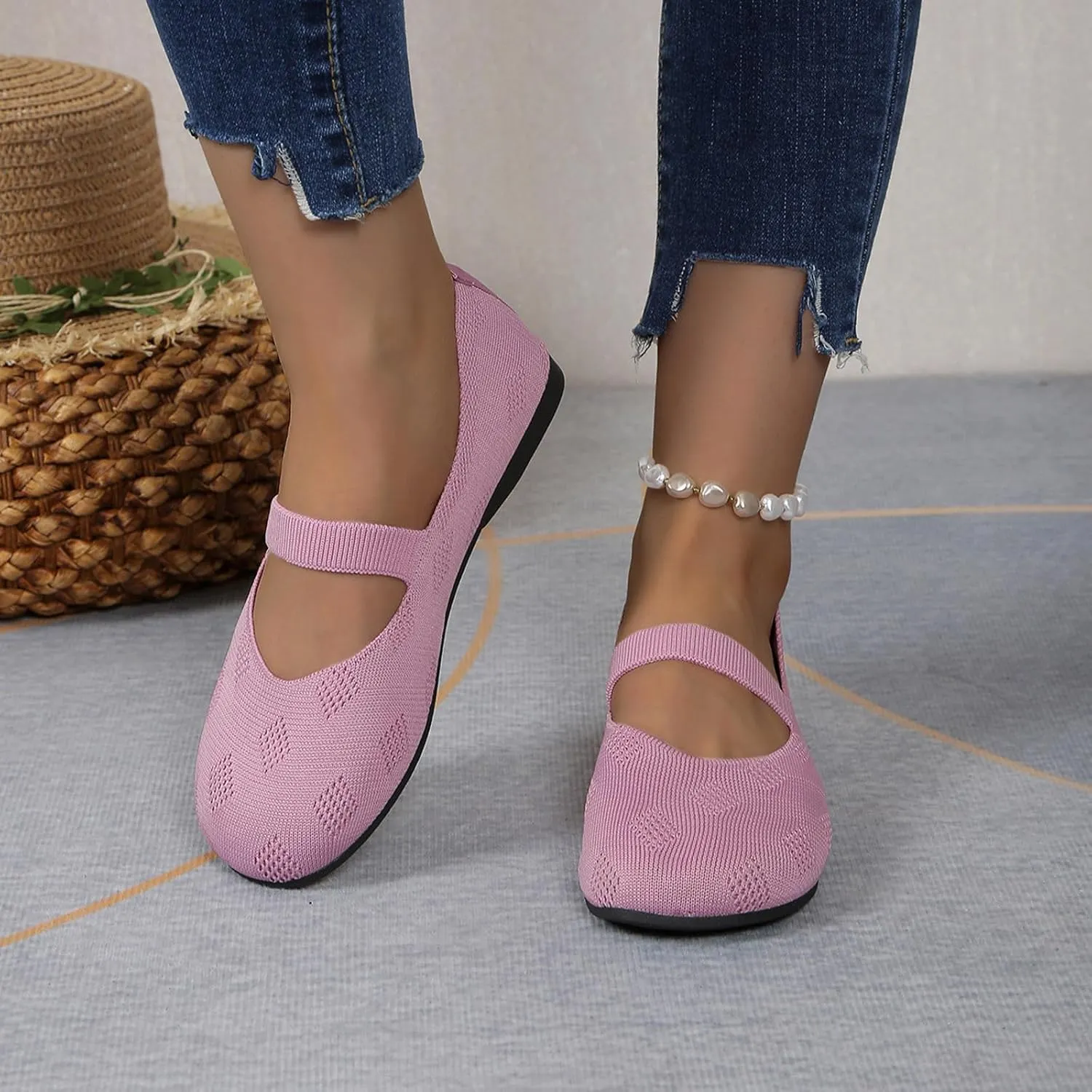 Women Black Ballet Shoes Mesh Slip on Flat Casual Shoes Dance Comdortable Breathable Lightweight Flat Shoes