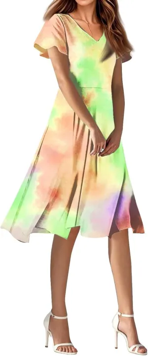 Women's Summer Dresses 2025 Short Sleeve Casual Midi Dresses V-Neck Floral Beach Vacation Party Dress