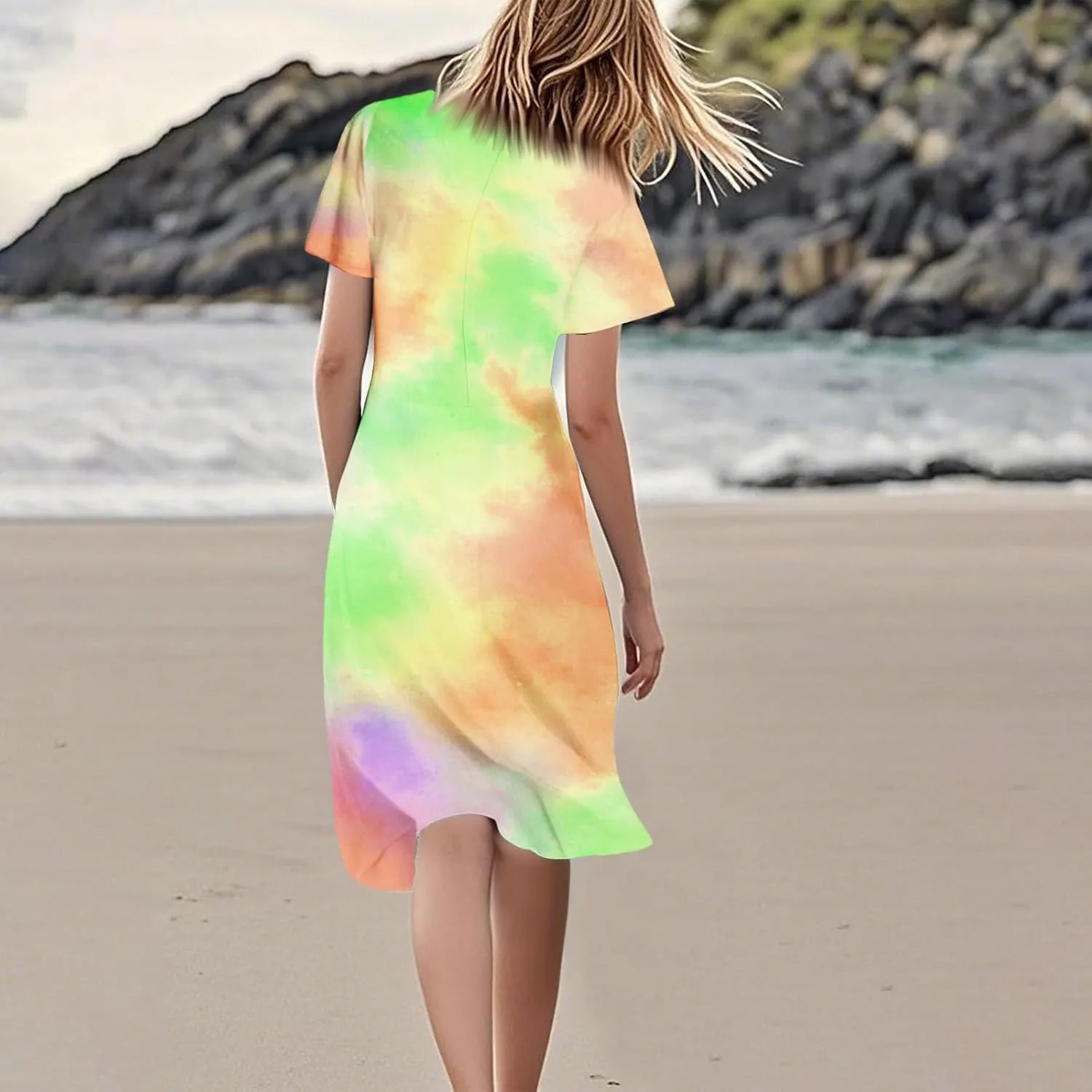 Women's Summer Dresses 2025 Short Sleeve Casual Midi Dresses V-Neck Floral Beach Vacation Party Dress