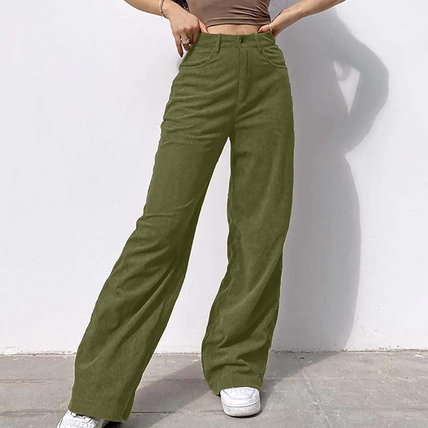 YOLAI Women's Corduroy Wide-Leg Pants Casual High Waist Trousers Solid Streetwear Trousers with Pockets