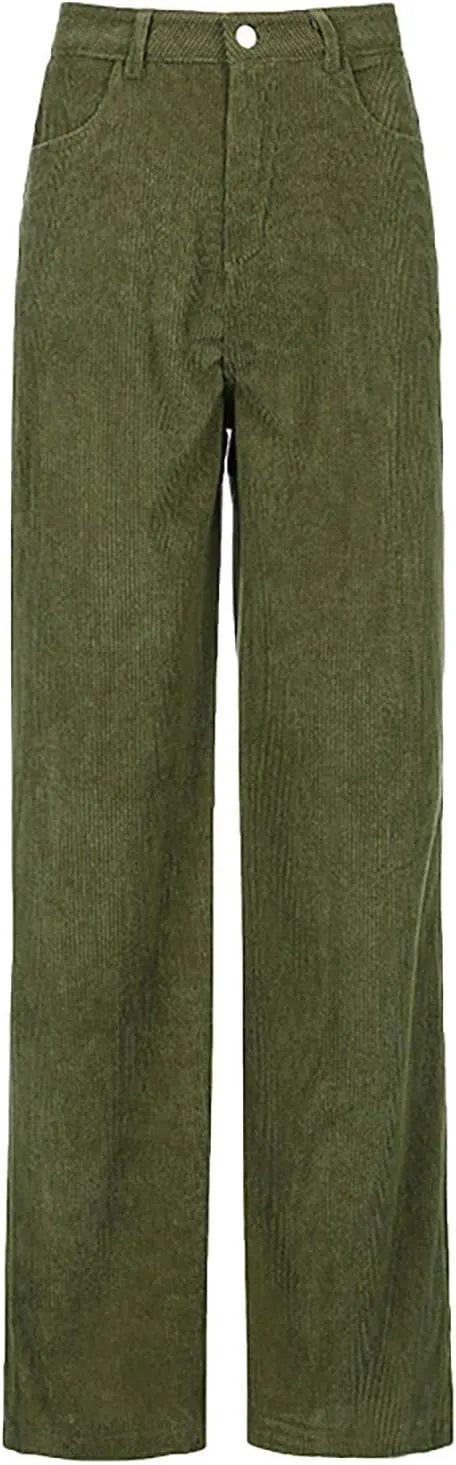 YOLAI Women's Corduroy Wide-Leg Pants Casual High Waist Trousers Solid Streetwear Trousers with Pockets
