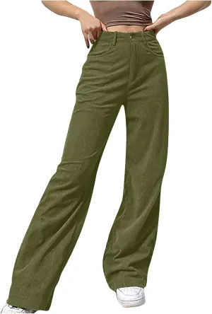 YOLAI Women's Corduroy Wide-Leg Pants Casual High Waist Trousers Solid Streetwear Trousers with Pockets
